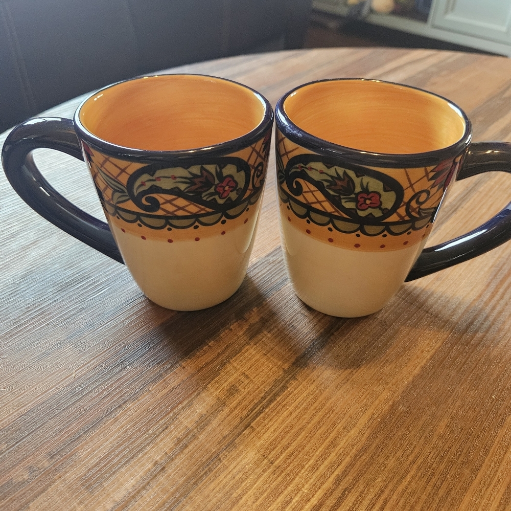2 Corsica Crown Jewel  Ceramic Coffee Mug Bold Colors Paisley Patterned 12oz